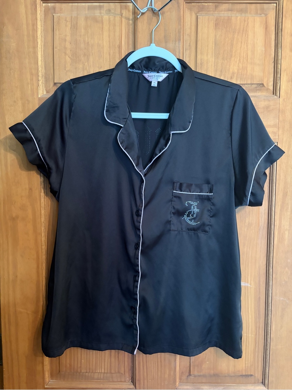 Juicy Couture Black Satin Pajama Top Short Sleeve Rhinestone JC Logo Size XL